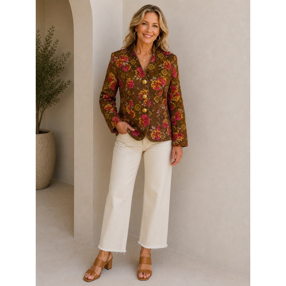 Vintage Rickie Freeman for Teri Jon 100% Silk Floral Jacquard Blazer Cottagecore